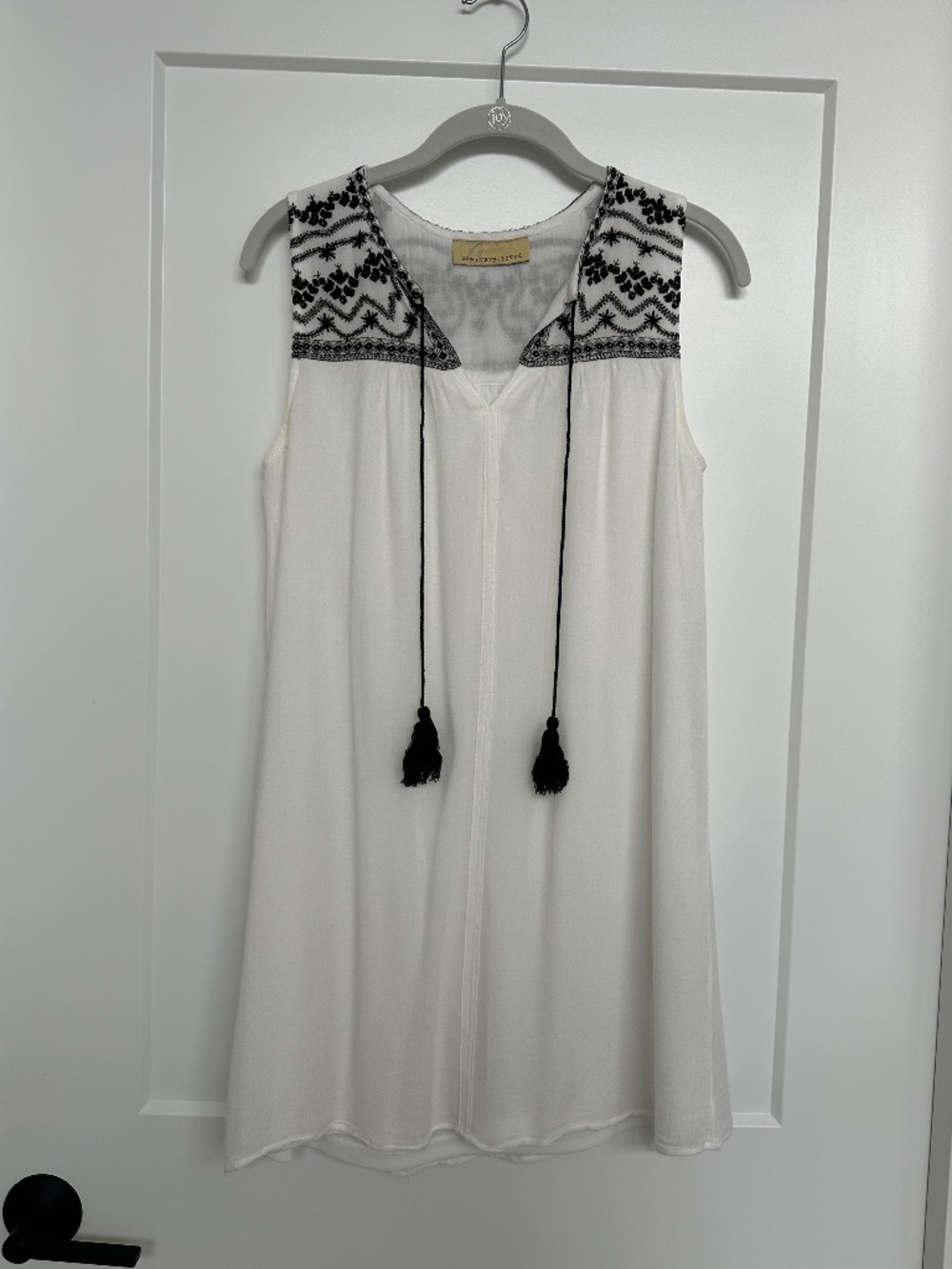 White, Flowy Summer Dress with Black Embroidery
